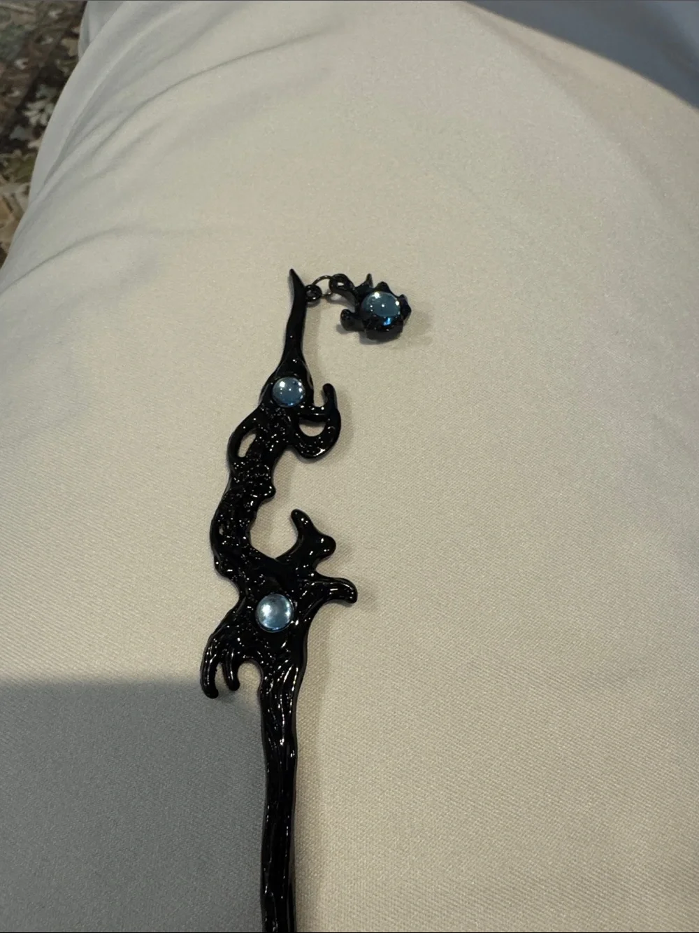 Black Decorative Hair Stick Hairpin with Blue Gem Accents